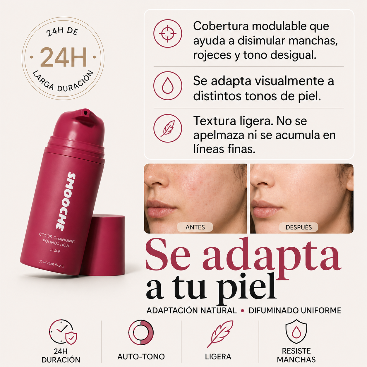 La base que se adapta a tu piel. Uniforme y natural en segundos