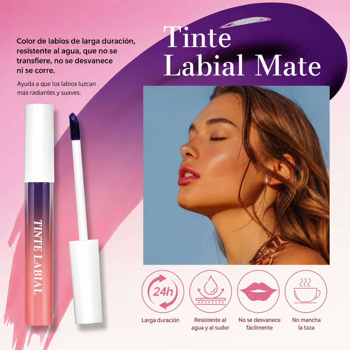 Labial Voluminizador Rosa Natural – Larga Duración, Resistente al Agua y Sudor, Acabado Brillante
